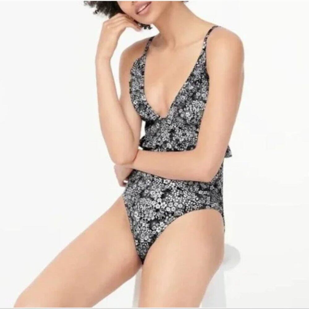NEW J. Crew Ruffle V Neck One Piece Swimsuit 24 Valley Floral Blue Swimwear